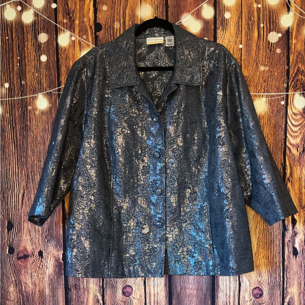 Alfred Dunner Women's Metallic Silver Paisley Jacquard Button-Down Jacket